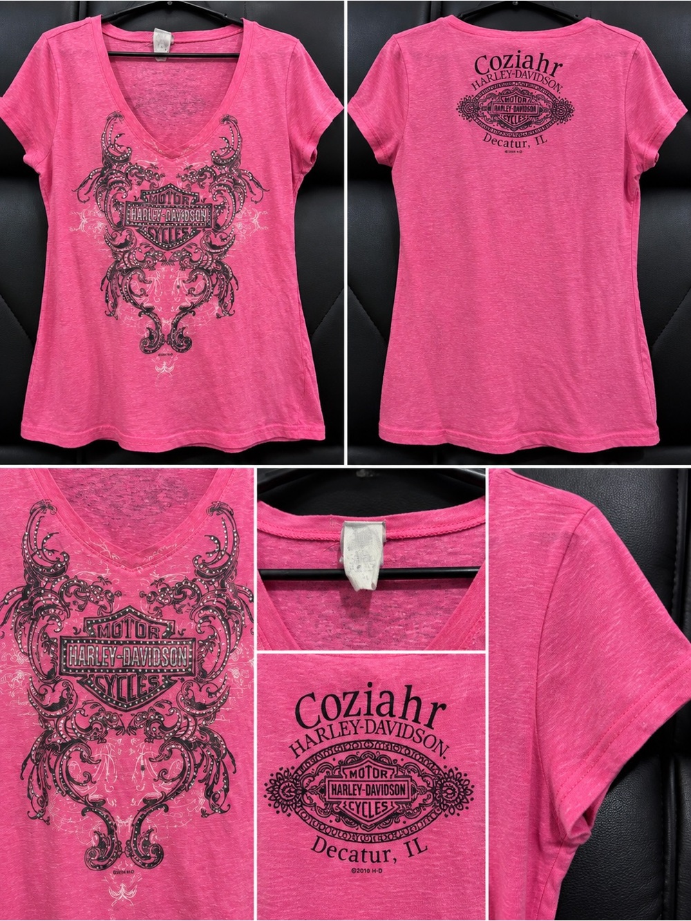 Harley-Davidson Pink V-Neck Graphic Tee with Intricate Black Print